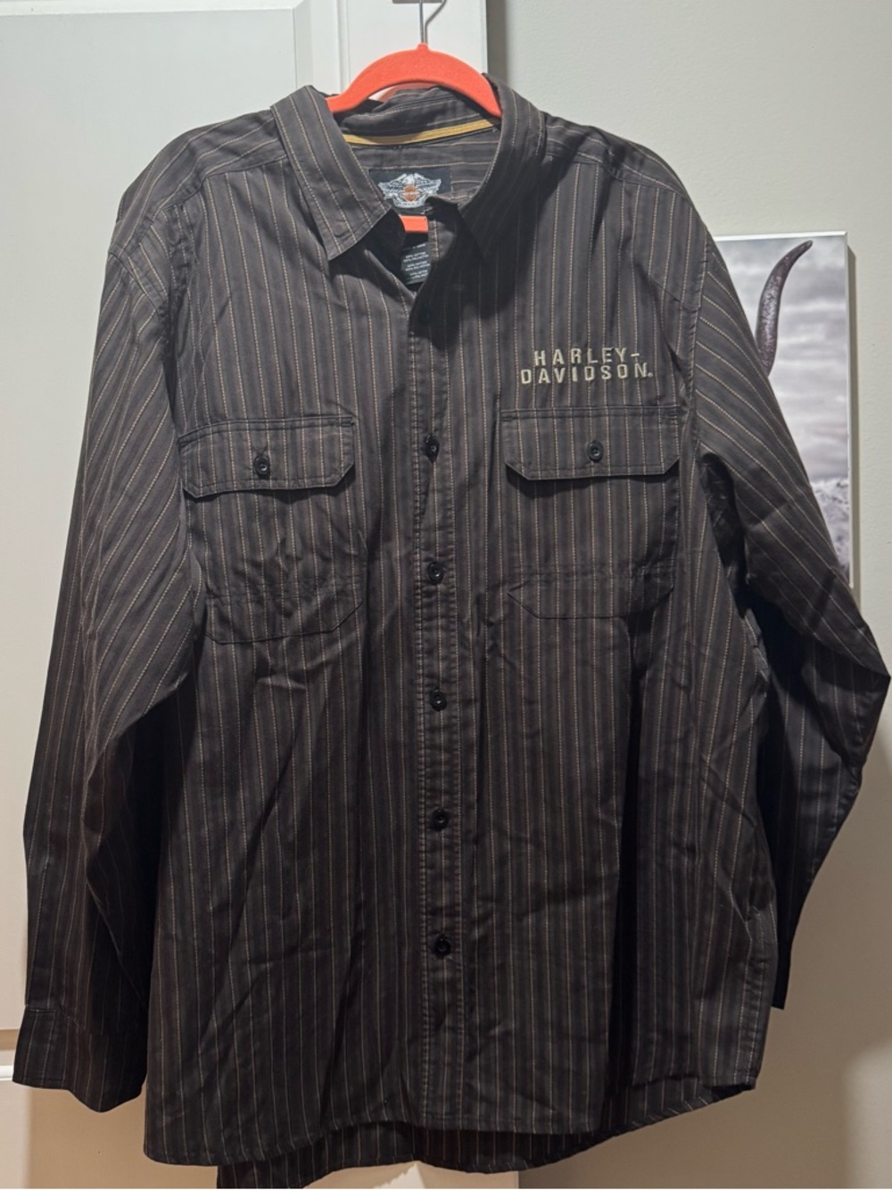 Harley-Davidson Men's  Cotton Pinstripe Dress Shirt-Black-Size 2XL